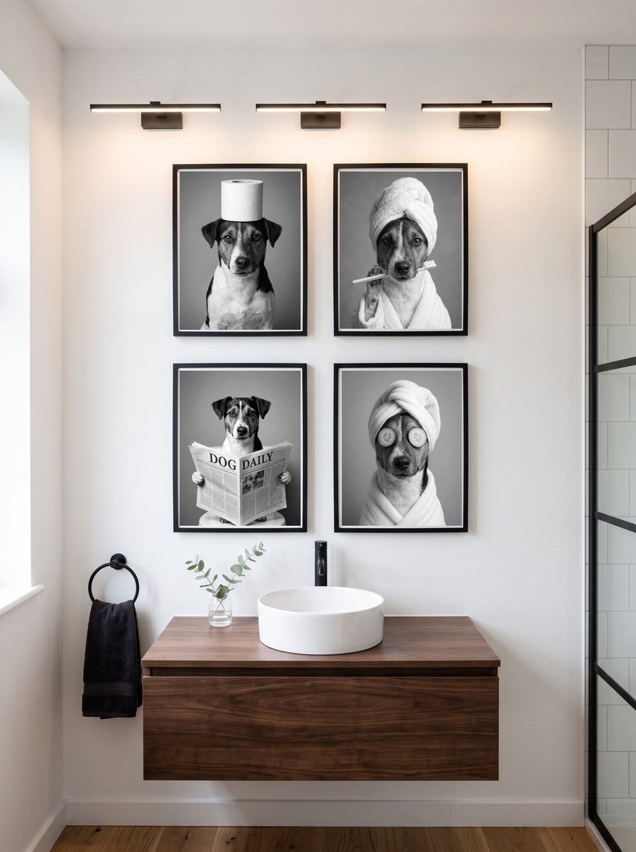 Quattro ritratti ironici dello stesso cane, incorniciati di nero e appesi sopra il lavabo di un bagno moderno