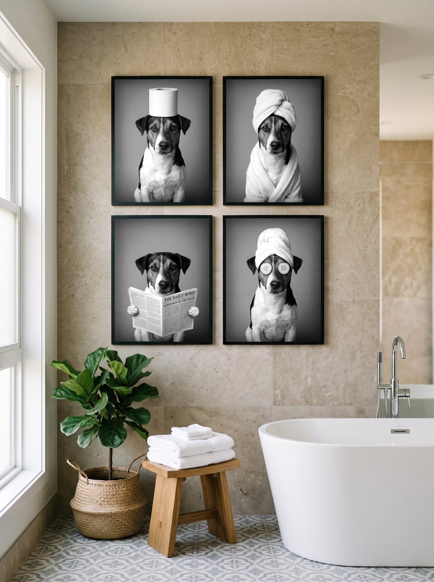 Quattro ritratti in bianco e nero dello stesso cane — rotolo in testa, turbante e accappatoio, giornale, cetrioli sugli occhi — in cornici nere, appesi in due file su una parete di pietra beige accanto a una vasca bianca, con una pianta e uno sgabello di legno
