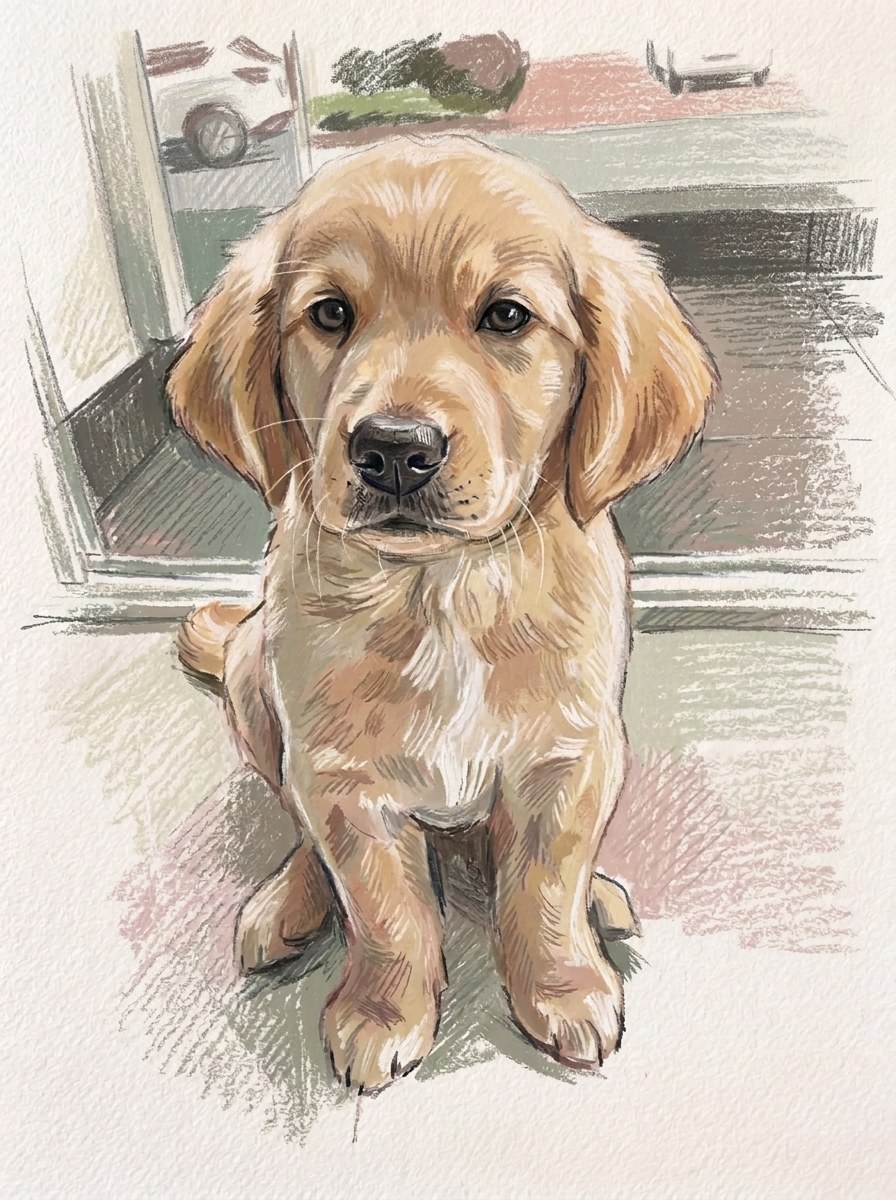 Ritratto a pastello di un cucciolo di golden retriever su carta