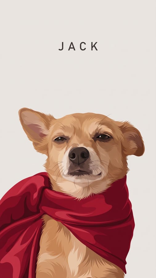 Illustrazione dello stesso cagnolino con il foulard rosso: tratto pulito e grafico su fondo chiaro, con il suo nome scritto sopra