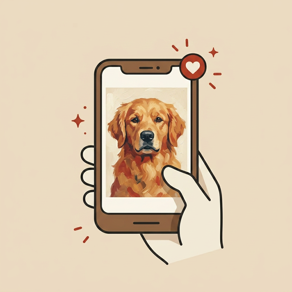 Il telefono mostra il ritratto a olio del cane, con un cuore