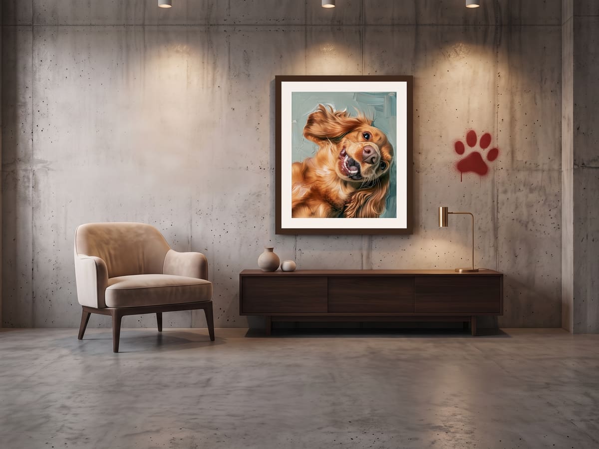 Un ritratto a olio di un cane, incorniciato in legno scuro, appeso a una parete di cemento sopra una poltrona beige e un mobile in legno
