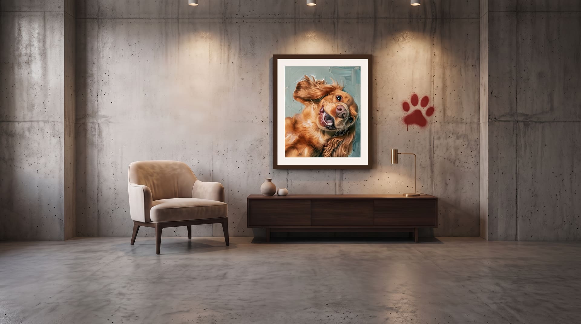 Un ritratto a olio di un cane, incorniciato in legno scuro, appeso a una parete di cemento sopra una poltrona e un mobile in legno